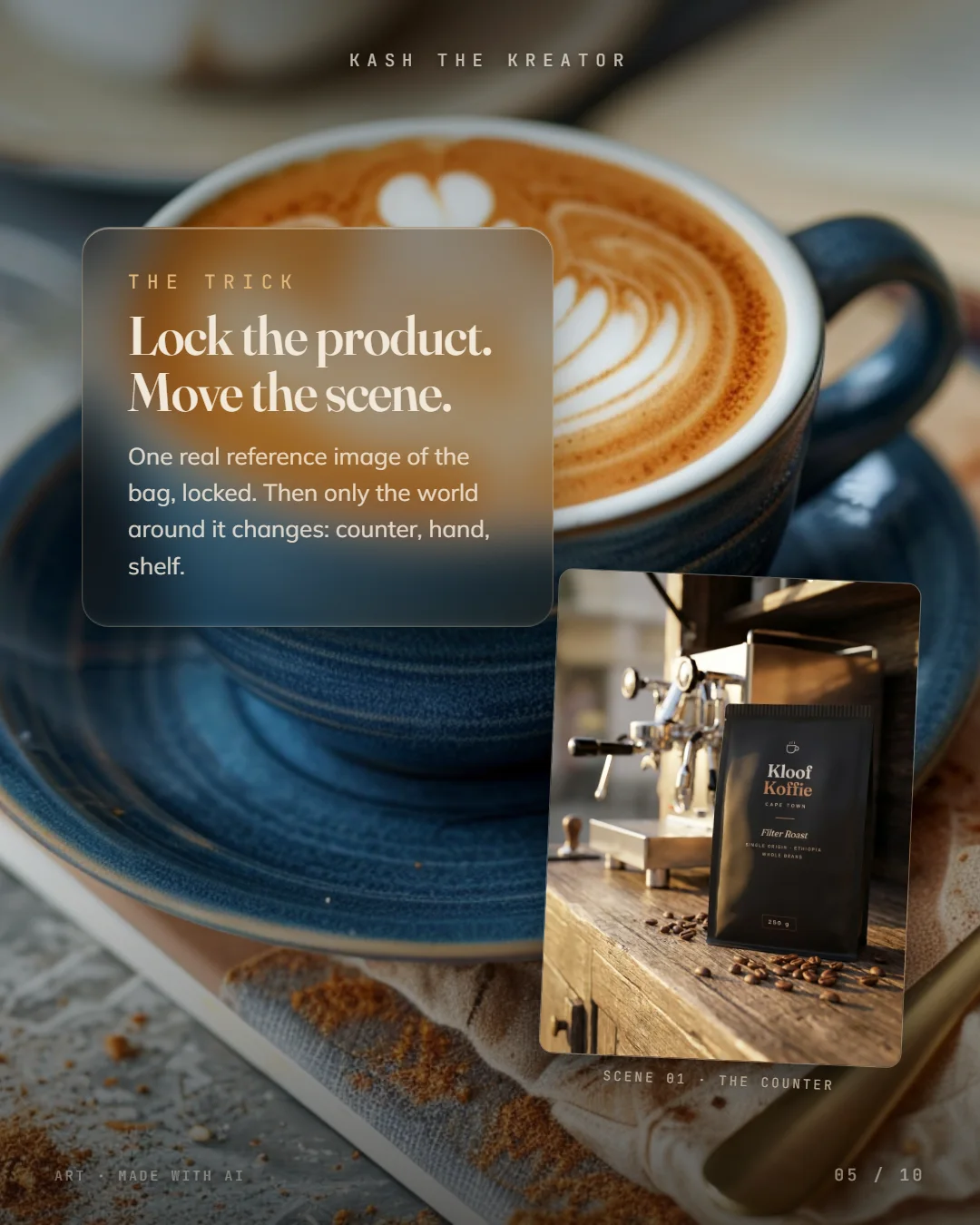 Kloof Koffie · My first prompts changed the bag (slide 5 of 9)